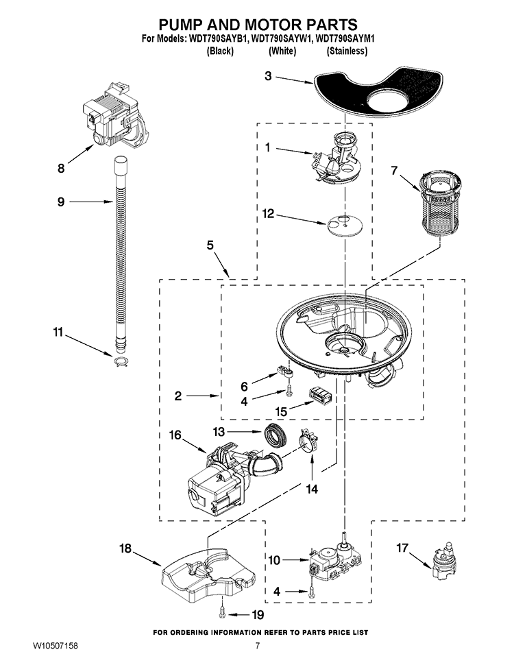 PUMP AND MOTOR PARTS Diagram and Parts List for WDT790SAYM1  Whirlpool Dishwasher