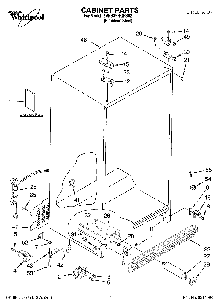 CABINET PARTS Diagram and Parts List for 5VES3FHGRS02  Whirlpool Refrigerator