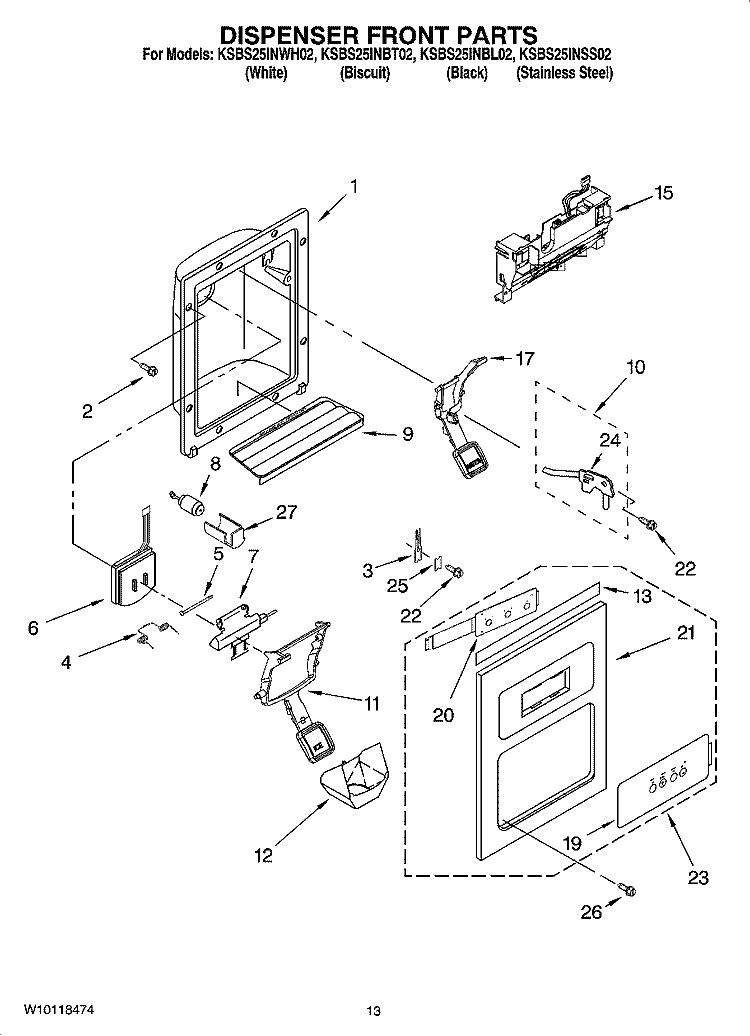 DISPENSER FRONT PARTS Diagram and Parts List for KSBS25INBL02  KitchenAid Refrigerator