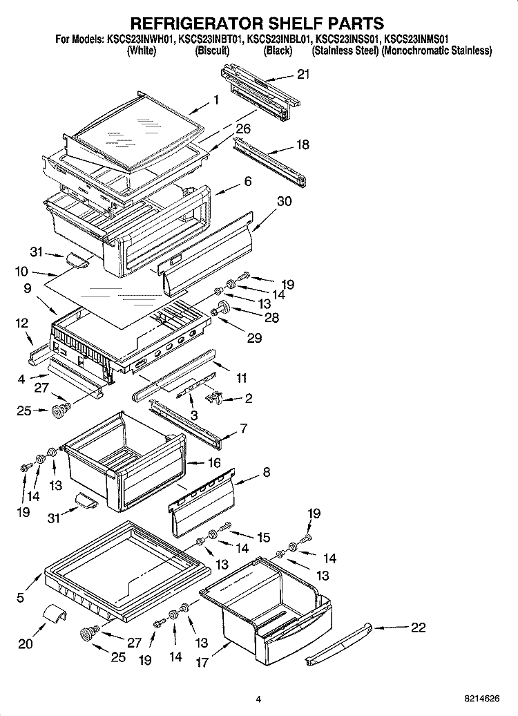 REFRIGERATOR SHELF PARTS Diagram and Parts List for KSCS23INMS01  KitchenAid Refrigerator