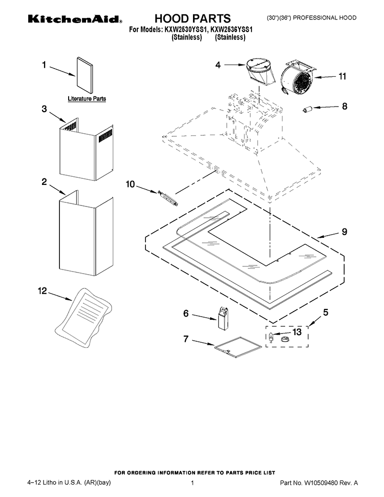 HOOD PARTS Diagram and Parts List for KXW2530YSS1  KitchenAid Range Hood