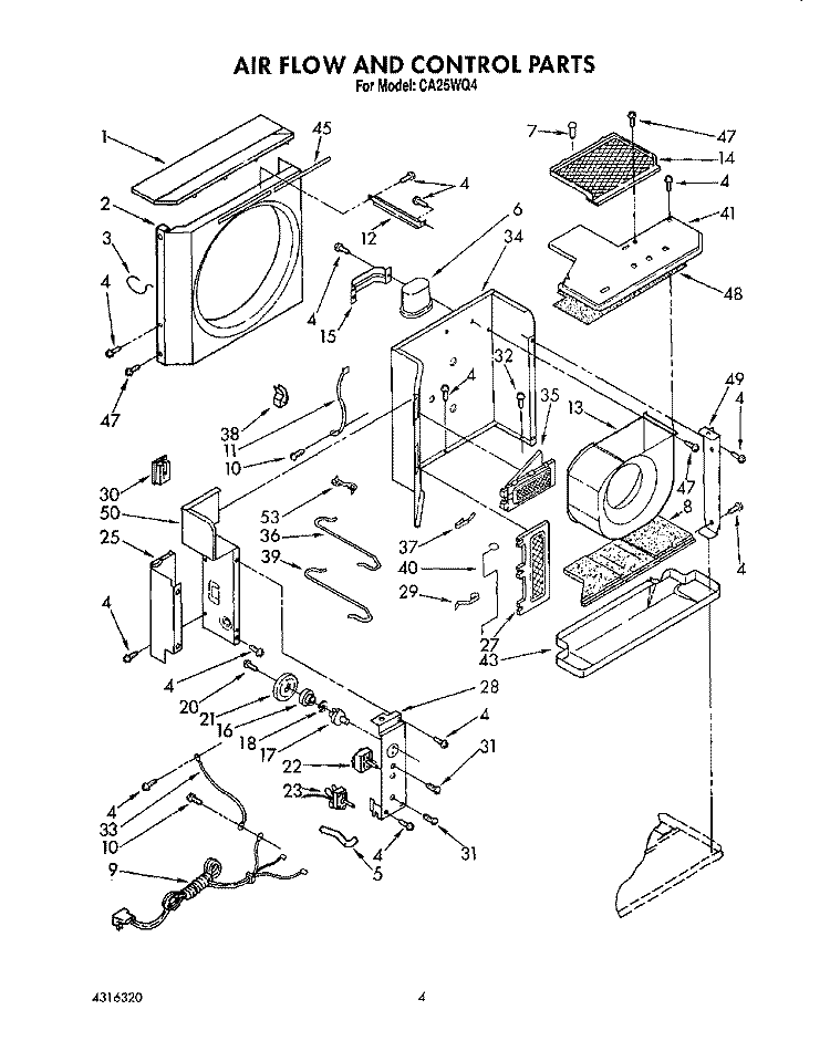 AIR FLOW AND CONTROL Diagram and Parts List for CA25WQ4  Whirlpool Air Conditioner