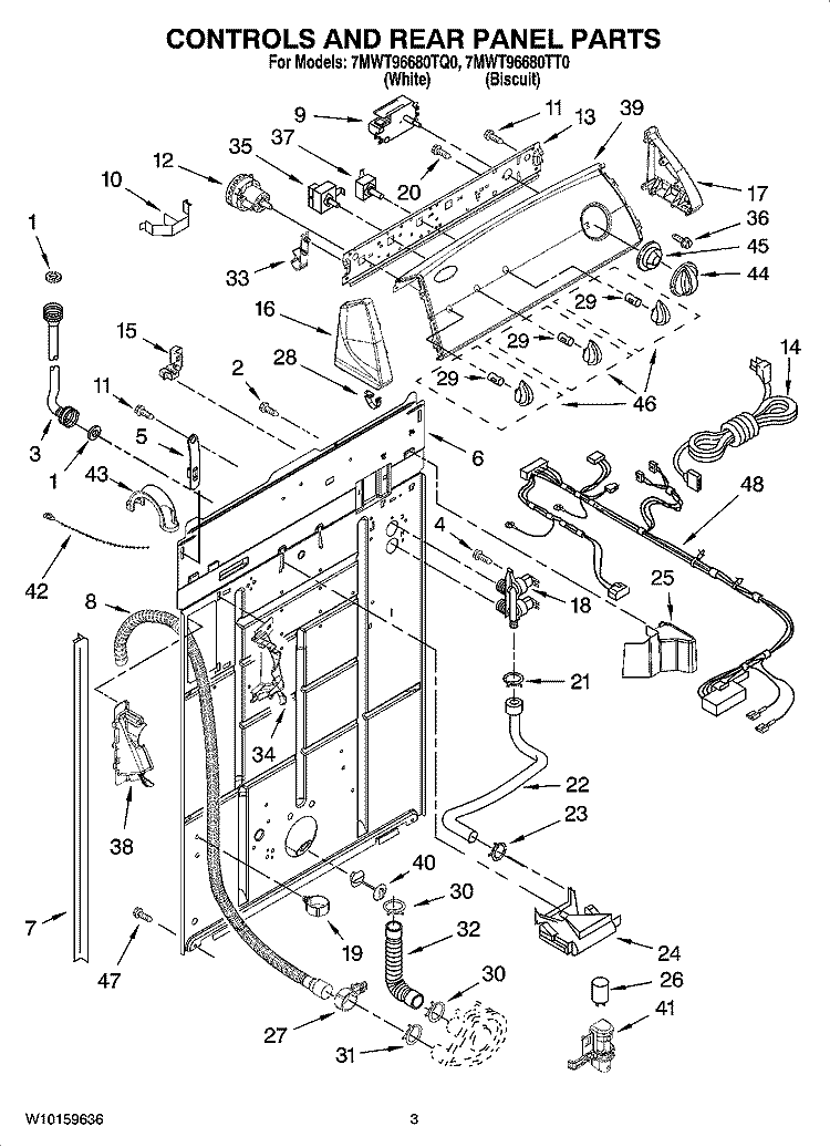 CONTROLS AND REAR PANEL PARTS Diagram and Parts List for 7MWT96680TT0  Whirlpool Washer