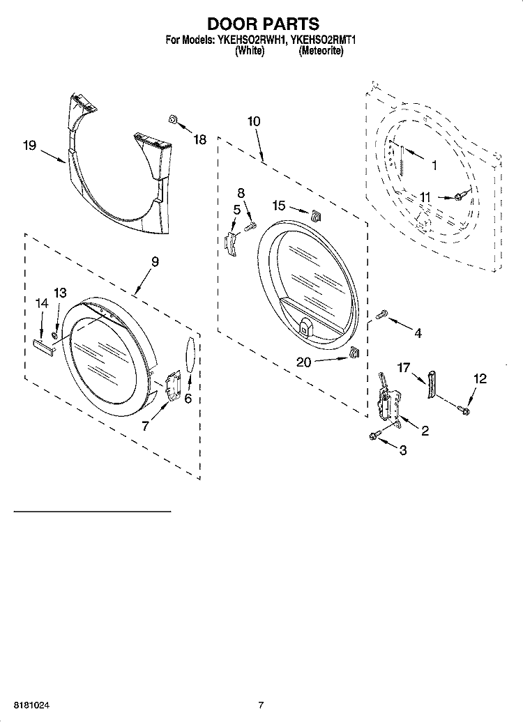 DOOR PARTS, OPTIONAL PARTS (NOT INCLUDED) Diagram and Parts List for YKEHSO2RMT1  KitchenAid Dryer