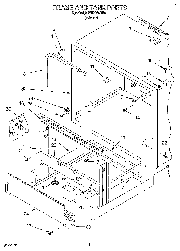FRAME AND TANK Diagram and Parts List for KUDP23HB0  KitchenAid Dishwasher