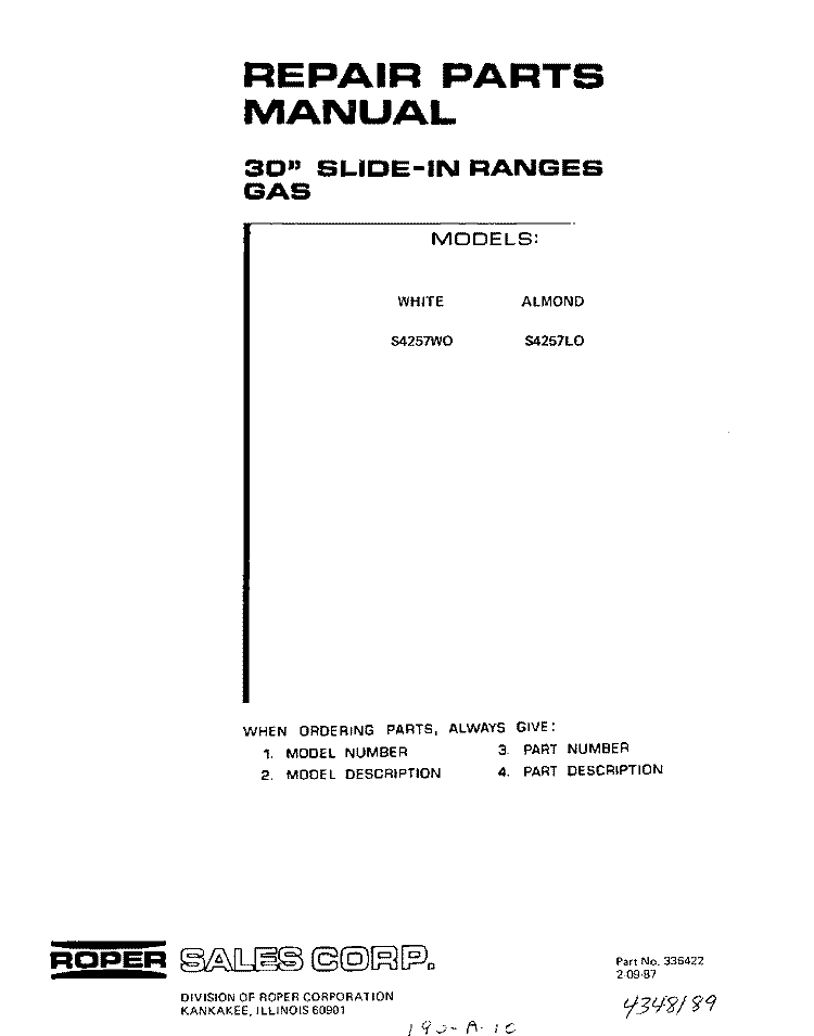WIRE HARNESS , REAR MAIN TOP FILLE Diagram and Parts List for S4257W0  Roper Range