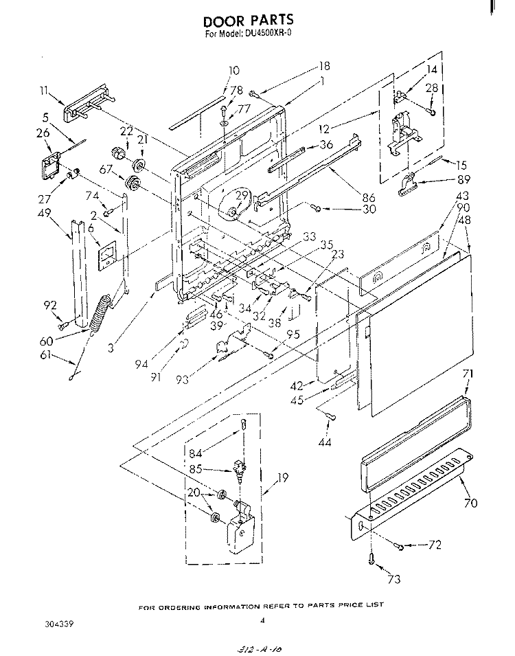 DOOR Diagram and Parts List for DU4500XR0  Whirlpool Dishwasher