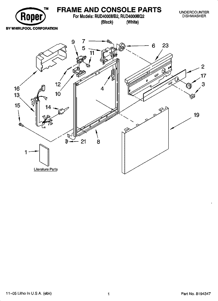 FRAME AND CONSOLE PARTS Diagram and Parts List for RUD4000MQ2  Roper Dishwasher