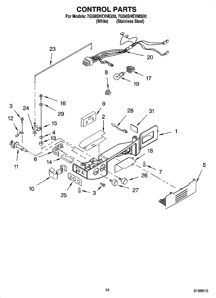 CONTROL PARTS Diagram and Parts List for 7GS6SHEXMS00  Whirlpool Refrigerator