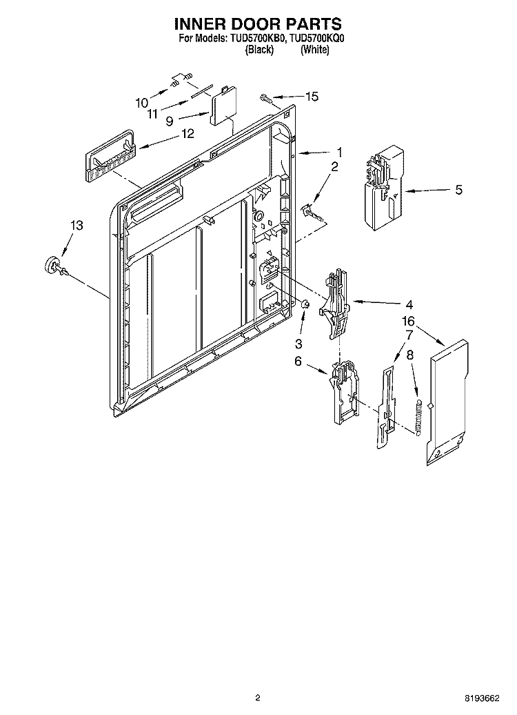 INNER DOOR Diagram and Parts List for TUD5700KQ0  Estate Dishwasher