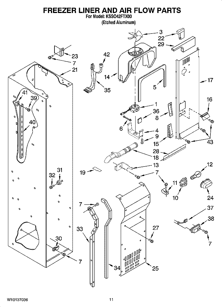 FREEZER LINER AND AIR FLOW PARTS Diagram and Parts List for KSSO42FTX00  KitchenAid Refrigerator