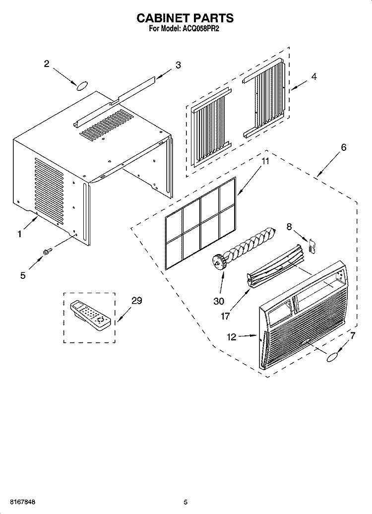 CABINET PARTS Diagram and Parts List for ACQ058PR2  Whirlpool Air Conditioner