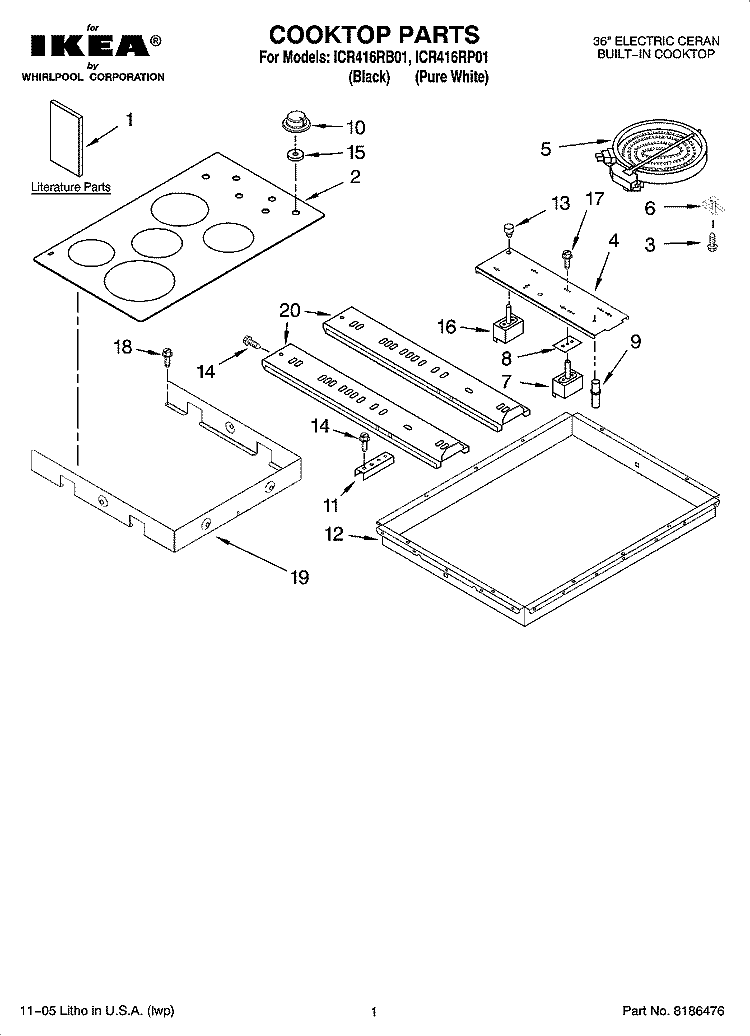 COOKTOP PARTS Diagram and Parts List for ICR416RP01  Whirlpool Cooktop
