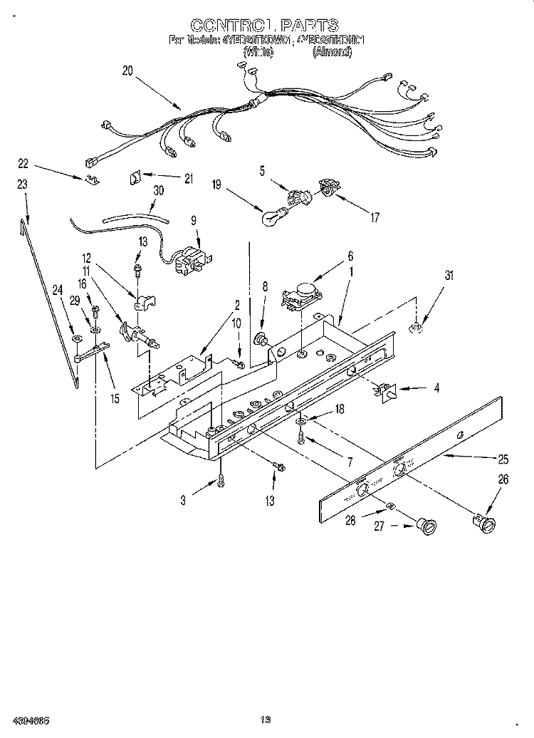 CONTROL, LIT/OPTIONAL Diagram and Parts List for 4YED20TKDN01  Whirlpool Refrigerator