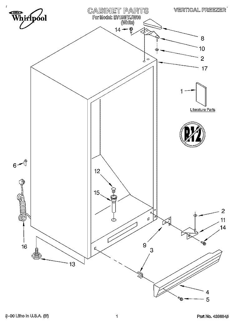 CABINET, LITERATURE Diagram and Parts List for EV150FXJW00  Whirlpool Freezer