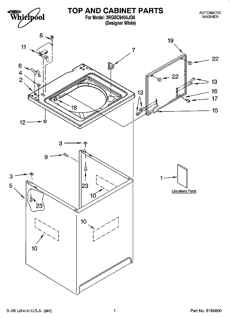 TOP AND CABINET PARTS Diagram and Parts List for 3RGSC9455JQ6  Whirlpool Washer