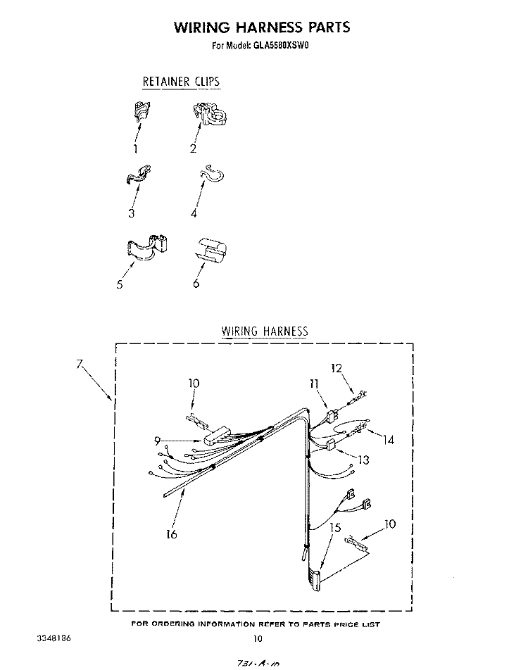 WIRING HARNESS Diagram and Parts List for GLA5580XSW0  Whirlpool Washer