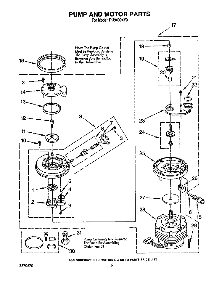 PUMP AND MOTOR Diagram and Parts List for DU9400XY0  Whirlpool Dishwasher