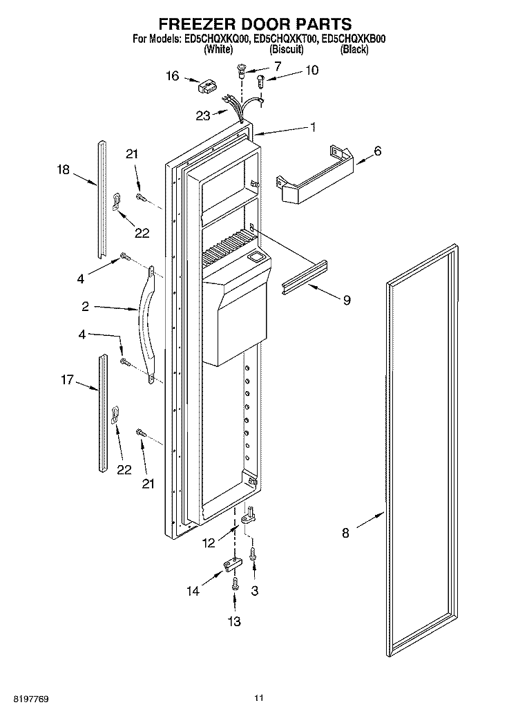 FREEZER DOOR Diagram and Parts List for ED5CHQXKB00  Whirlpool Refrigerator