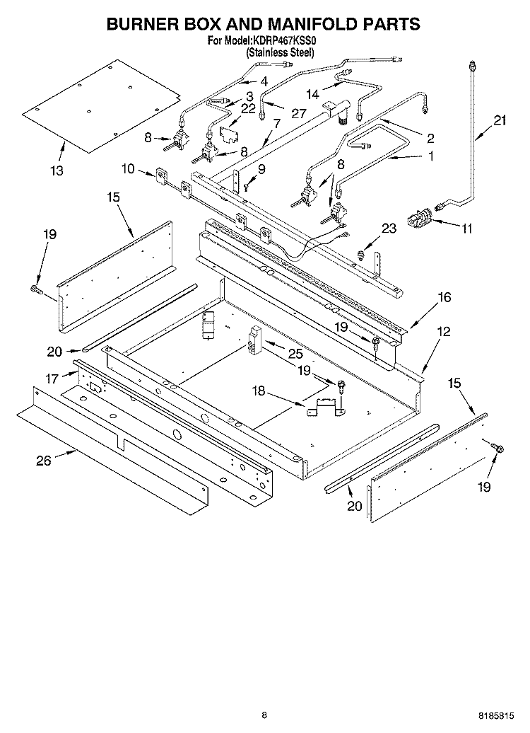 BURNER BOX & MANIFOLD Diagram and Parts List for KDRP467KSS0  KitchenAid Range
