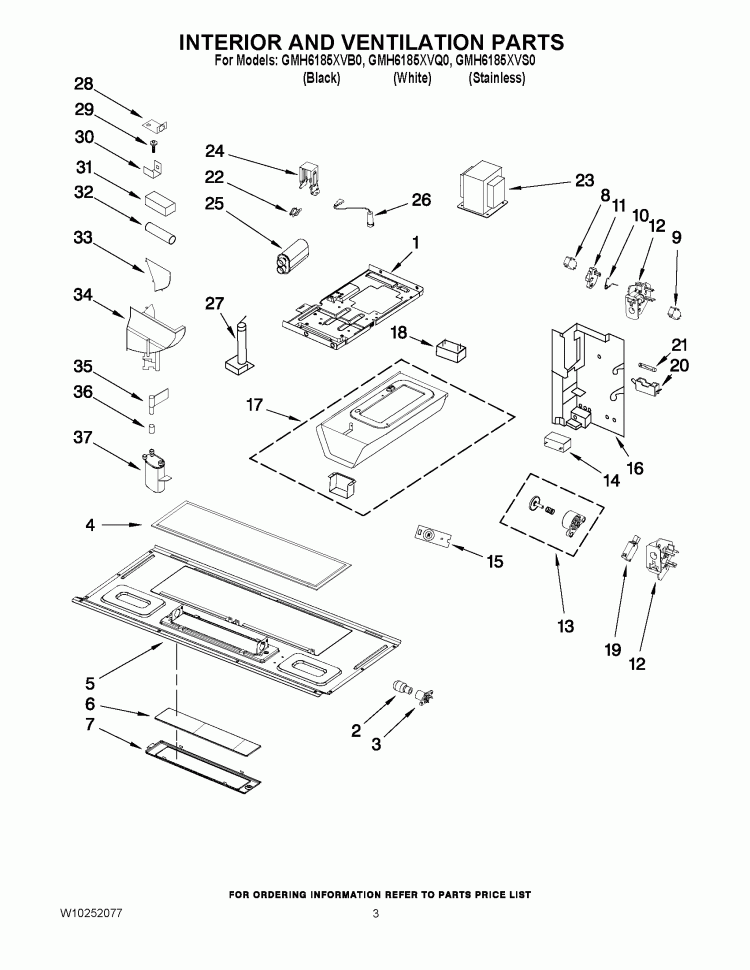 INTERIOR AND VENTILATION PARTS Diagram and Parts List for GMH6185XVB0  Whirlpool Microwave