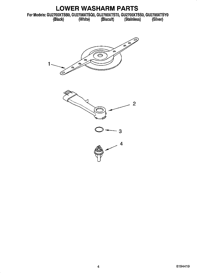 LOWER WASHARM PARTS Diagram and Parts List for GU2700XTSY0  Whirlpool Dishwasher