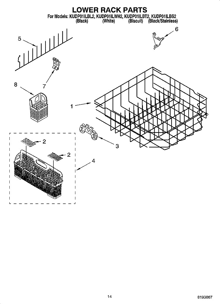 LOWER RACK PARTS Diagram and Parts List for KUDP01ILWH2  KitchenAid Dishwasher