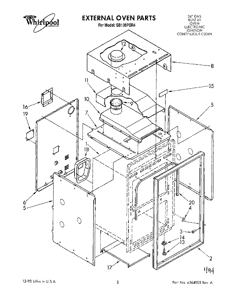 EXTERNAL OVEN Diagram and Parts List for SB130PER4  Whirlpool Wall Oven