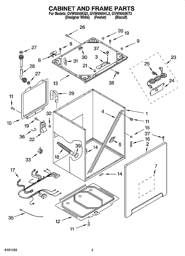 CABINET AND FRAME PARTS Diagram and Parts List for GVW9959KL3  Whirlpool Washer