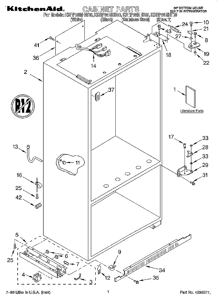 CABINET, LITERATURE Diagram and Parts List for KBRP36MHS00  KitchenAid Refrigerator