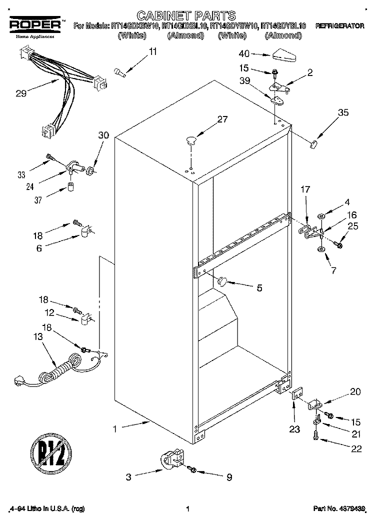 CABINET Diagram and Parts List for RT14GDXBW10  Roper Refrigerator
