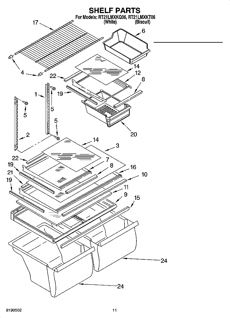 SHELF PARTS, OPTIONAL PARTS Diagram and Parts List for RT21LMXKT06  Roper Refrigerator