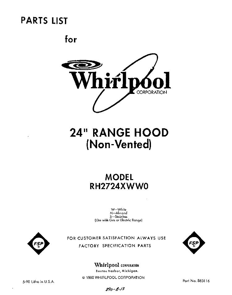 SECTION Diagram and Parts List for RH2724XWW0  Whirlpool Range Hood