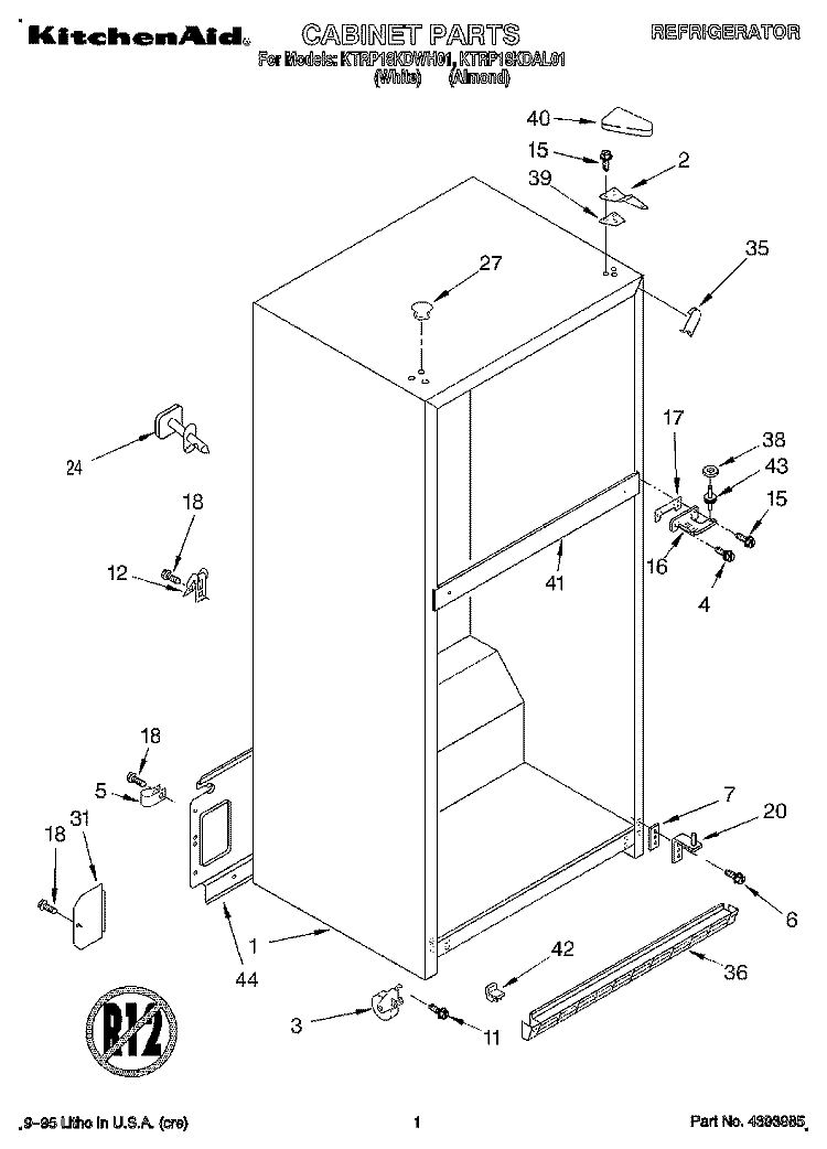 CABINET Diagram and Parts List for KTRP18KDWH01  Whirlpool Refrigerator