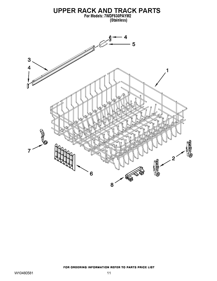 UPPER RACK AND TRACK PARTS Diagram and Parts List for 7WDF530PAYM2  Whirlpool Dishwasher