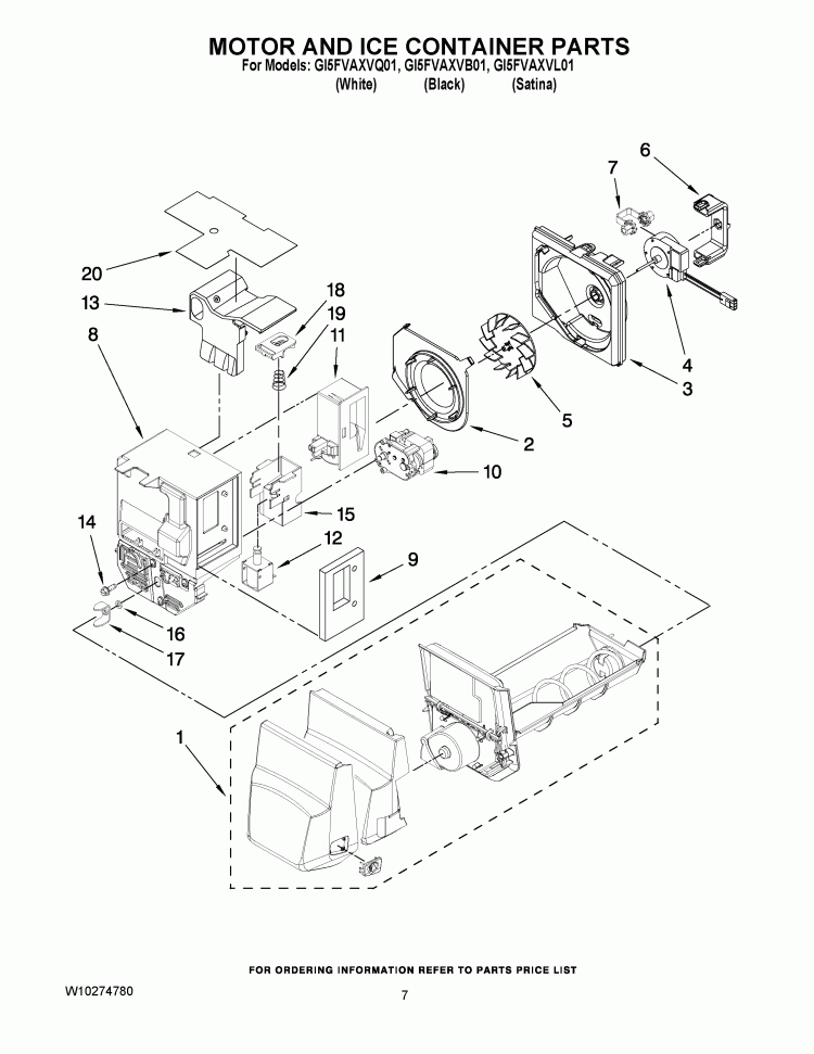MOTOR AND ICE CONTAINER PARTS Diagram and Parts List for GI5FVAXVB01  Whirlpool Refrigerator