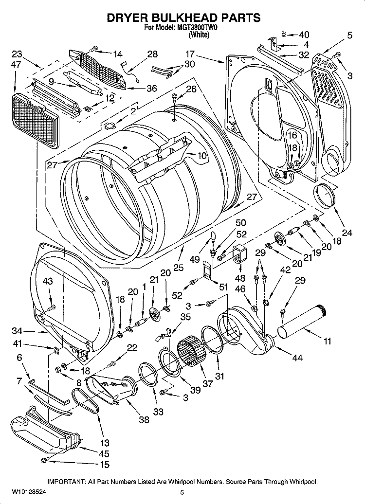 DRYER BULKHEAD PARTS Diagram and Parts List for MGT3800TW0  Maytag Washer Dryer Combo