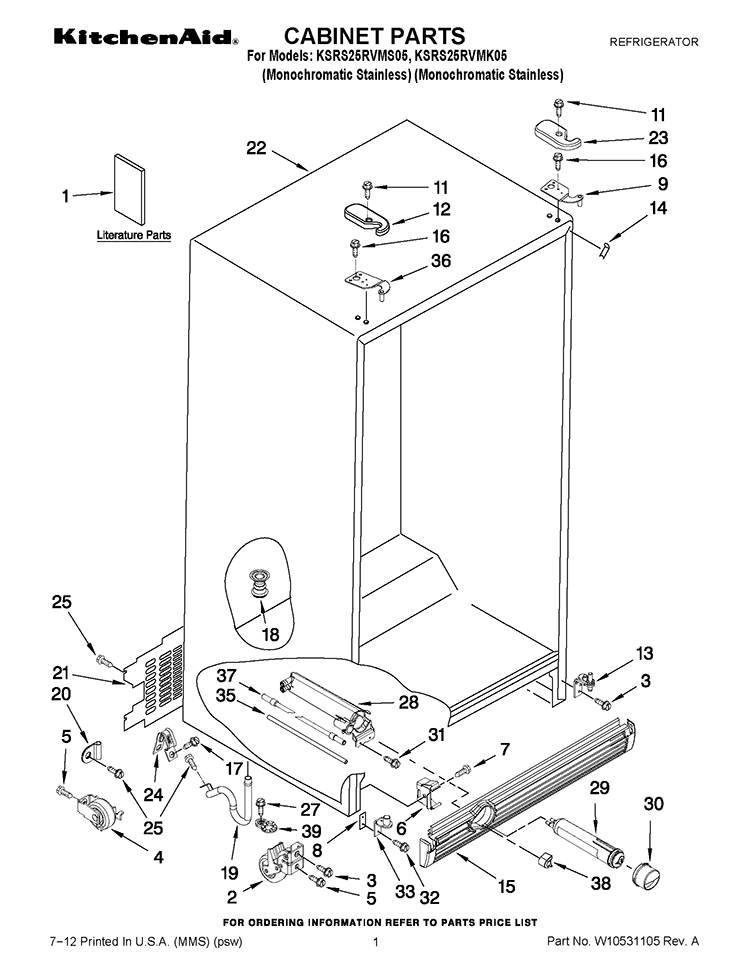 CABINET PARTS Diagram and Parts List for KSRS25RVMK05  KitchenAid Refrigerator