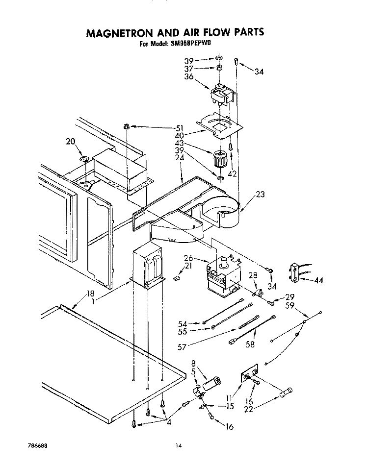 MAGNETRON AND AIR FLOW Diagram and Parts List for SM958PEPW0  Whirlpool Range