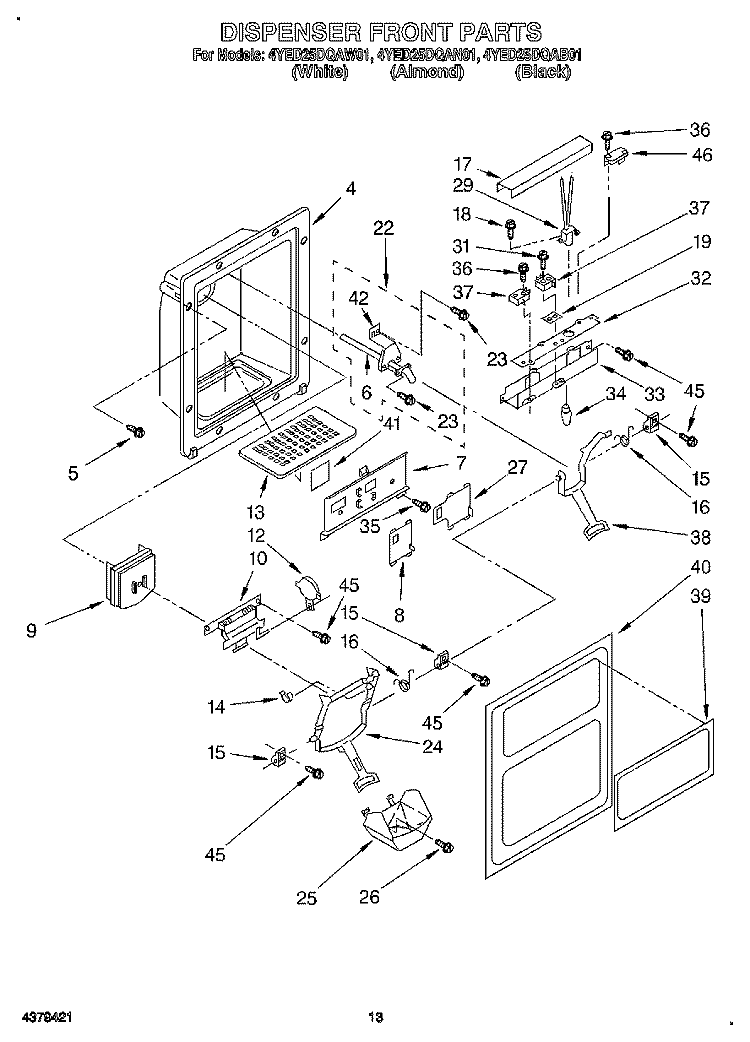 DISPENSER FRONT Diagram and Parts List for 4YED25DQAB01  Whirlpool Refrigerator
