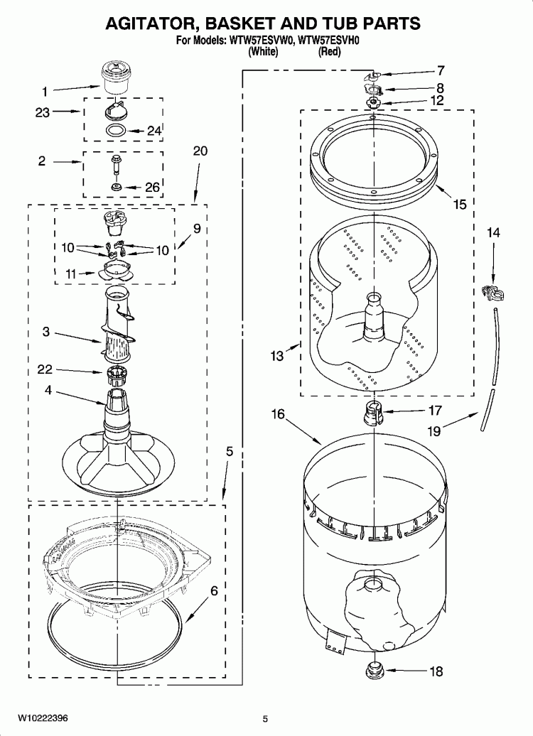 AGITATOR, BASKET AND TUB PARTS Diagram and Parts List for WTW57ESVH0  Whirlpool Washer
