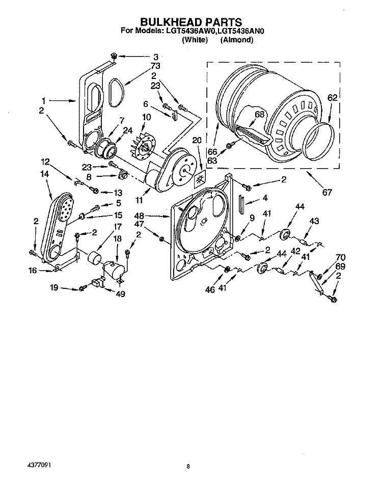 BULKHEAD Diagram and Parts List for LGT5436AW0  Whirlpool Dryer