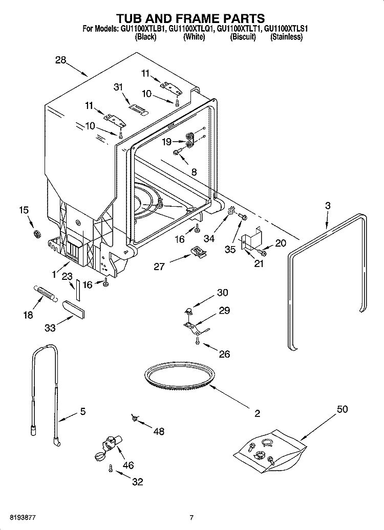 TUB AND FRAME PARTS Diagram and Parts List for GU1100XTLS1  Whirlpool Dishwasher