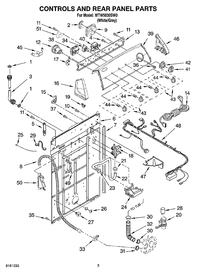 CONTROLS AND REAR PANEL PARTS Diagram and Parts List for WTW5830SW0  Whirlpool Washer