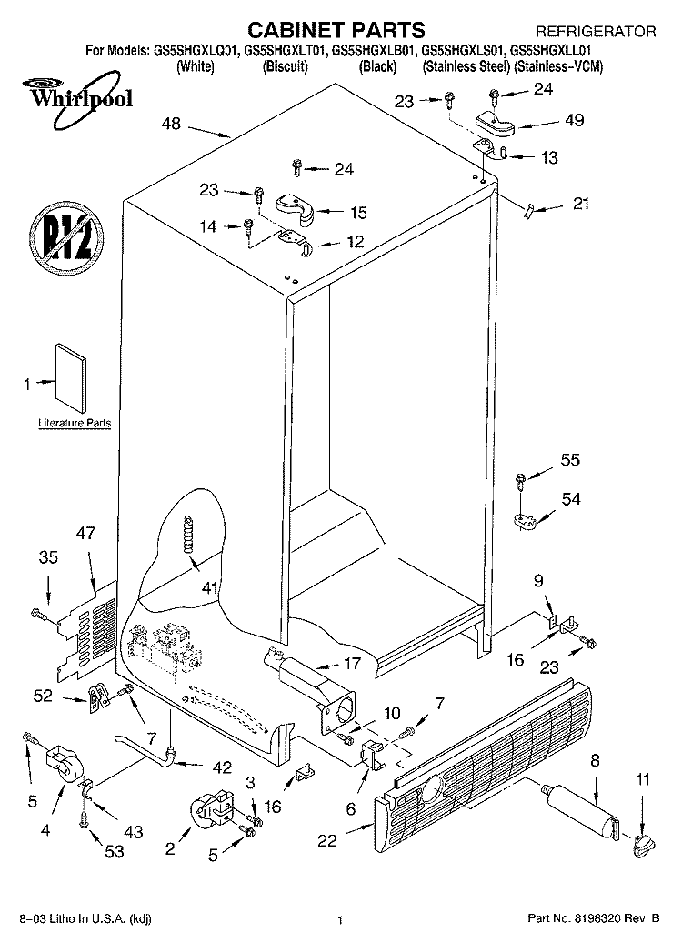 CABINET PARTS Diagram and Parts List for GS5SHGXLQ01  Whirlpool Refrigerator