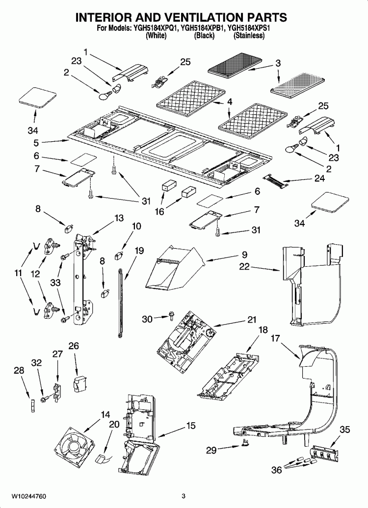 INTERIOR AND VENTILATION PARTS Diagram and Parts List for YGH5184XPB1  Whirlpool Microwave