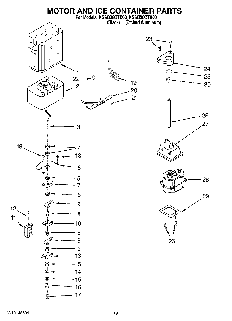 MOTOR AND ICE CONTAINER PARTS Diagram and Parts List for KSSO36QTX00  KitchenAid Refrigerator