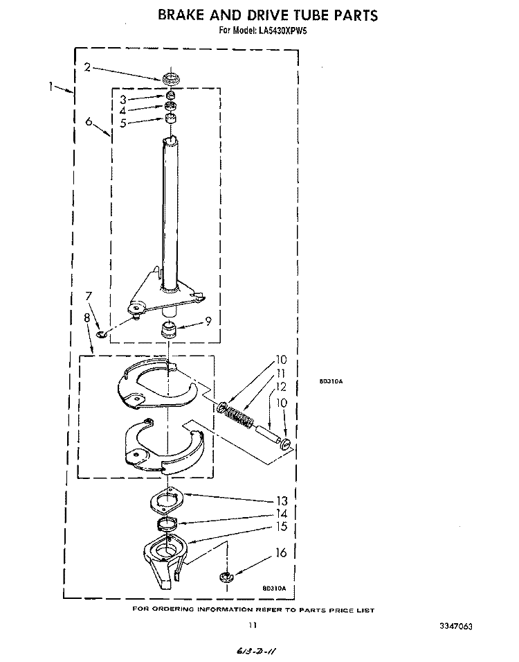BRAKE AND DRIVE TUBE Diagram and Parts List for LA5430XPW5  Whirlpool Washer