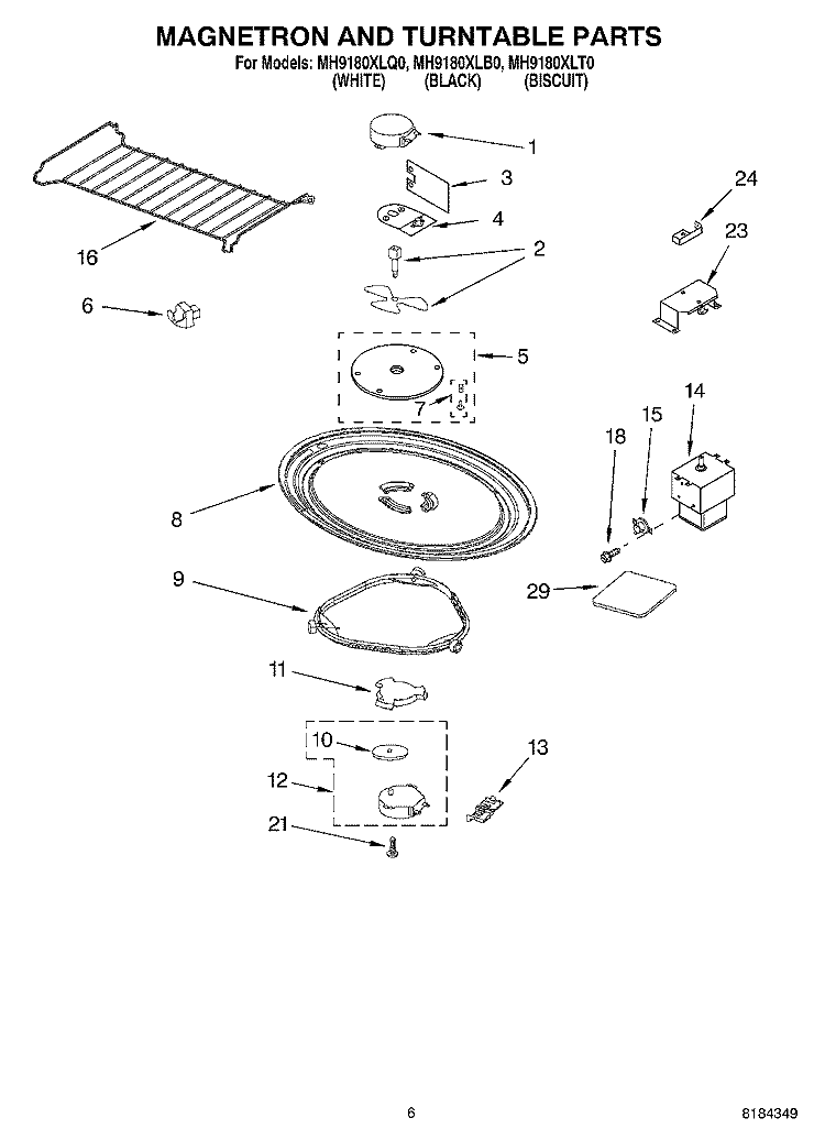 MAGNETRON AND TURNTABLE Diagram and Parts List for MH9180XLT0  Whirlpool Microwave
