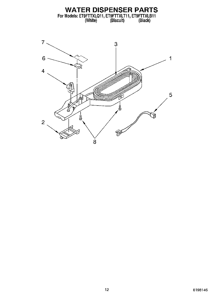 WATER DISPENSER, OPTIONAL Diagram and Parts List for ET9FTTXLQ11  Whirlpool Refrigerator